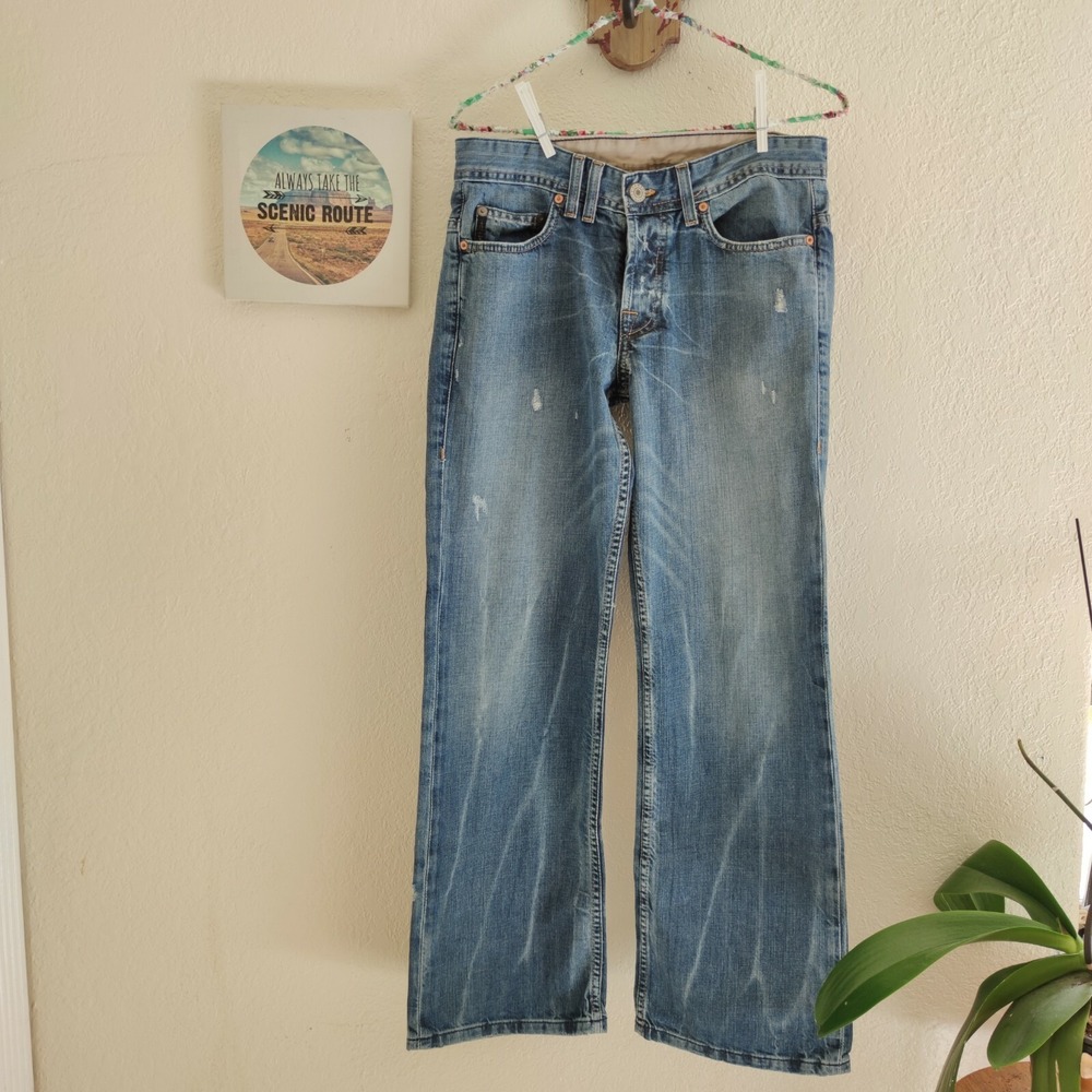 Armani Exchange Loose Straight Denim Jeans Stain Indigo Button Distress‎ 29 X30"